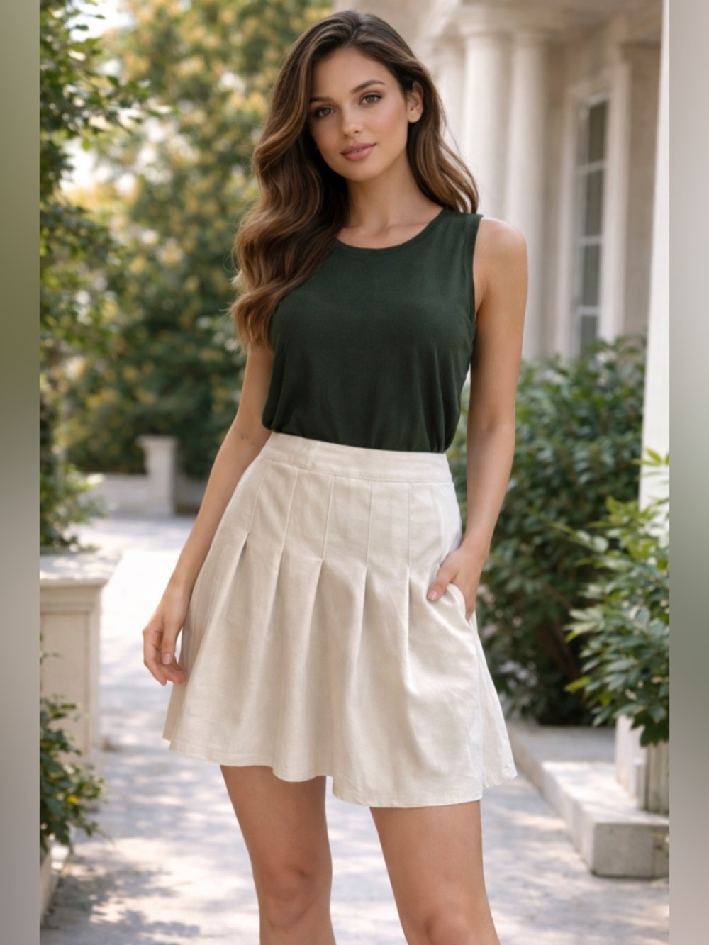 Marble Cream Pleated Skirt Size M | Flowy A-Line Classic Chic